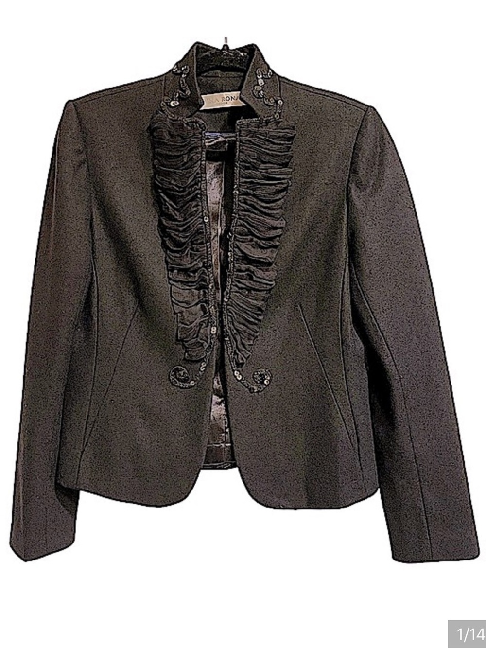 Edina Ronay UK 10 US 6 Black Wool Silk Ruffle Sequin Evening Jacket